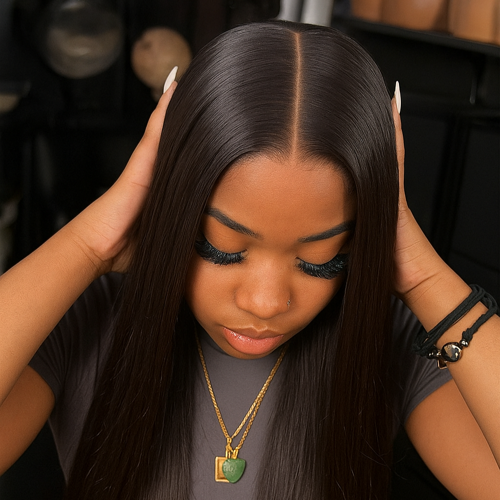 Woman with long, straight hair wearing a lace front wig.