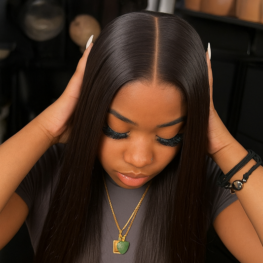 Woman with long, straight hair wearing a lace front wig.
